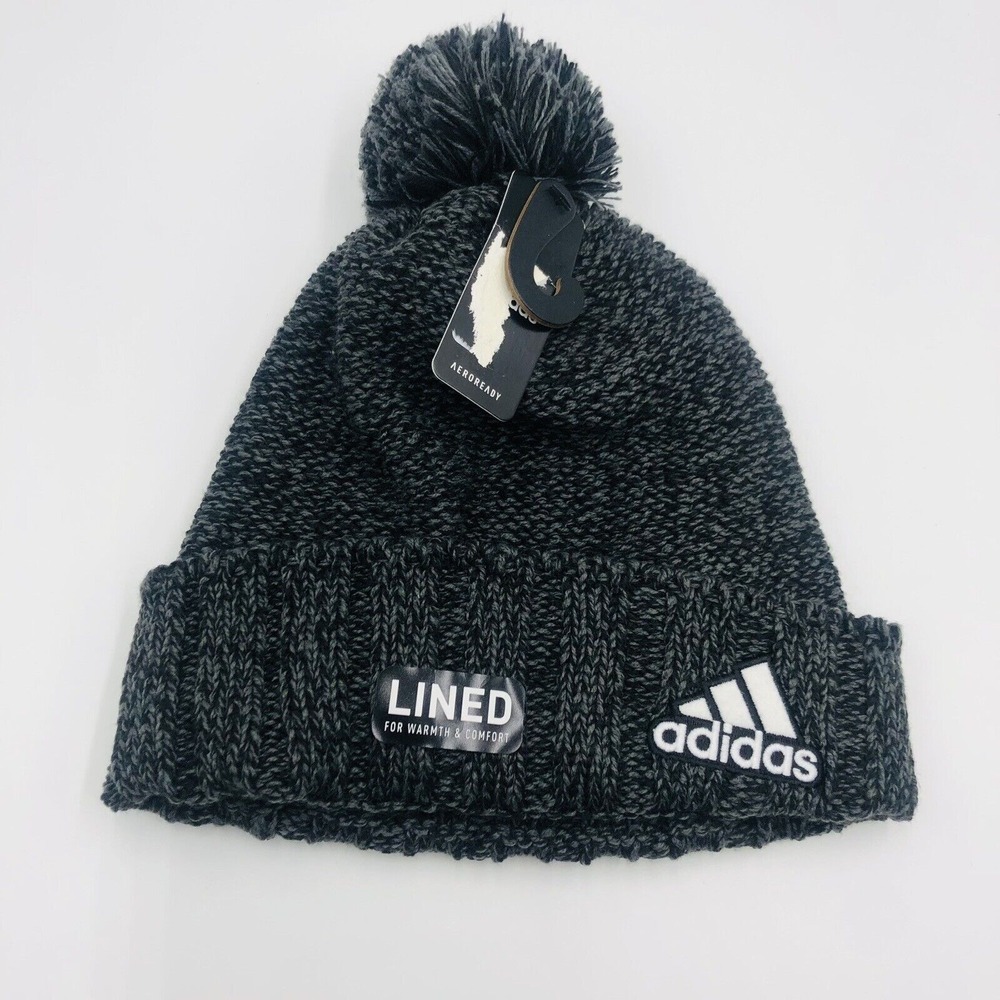 Adidas Aeroready Beanie Hat Dark Gray Marled Knit Fleece Lined Pom Pom New